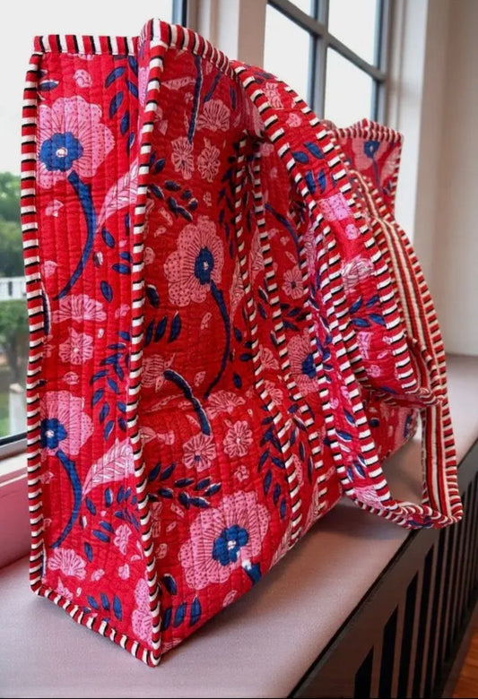 Scarlet Blooms Quilted Tote Bag