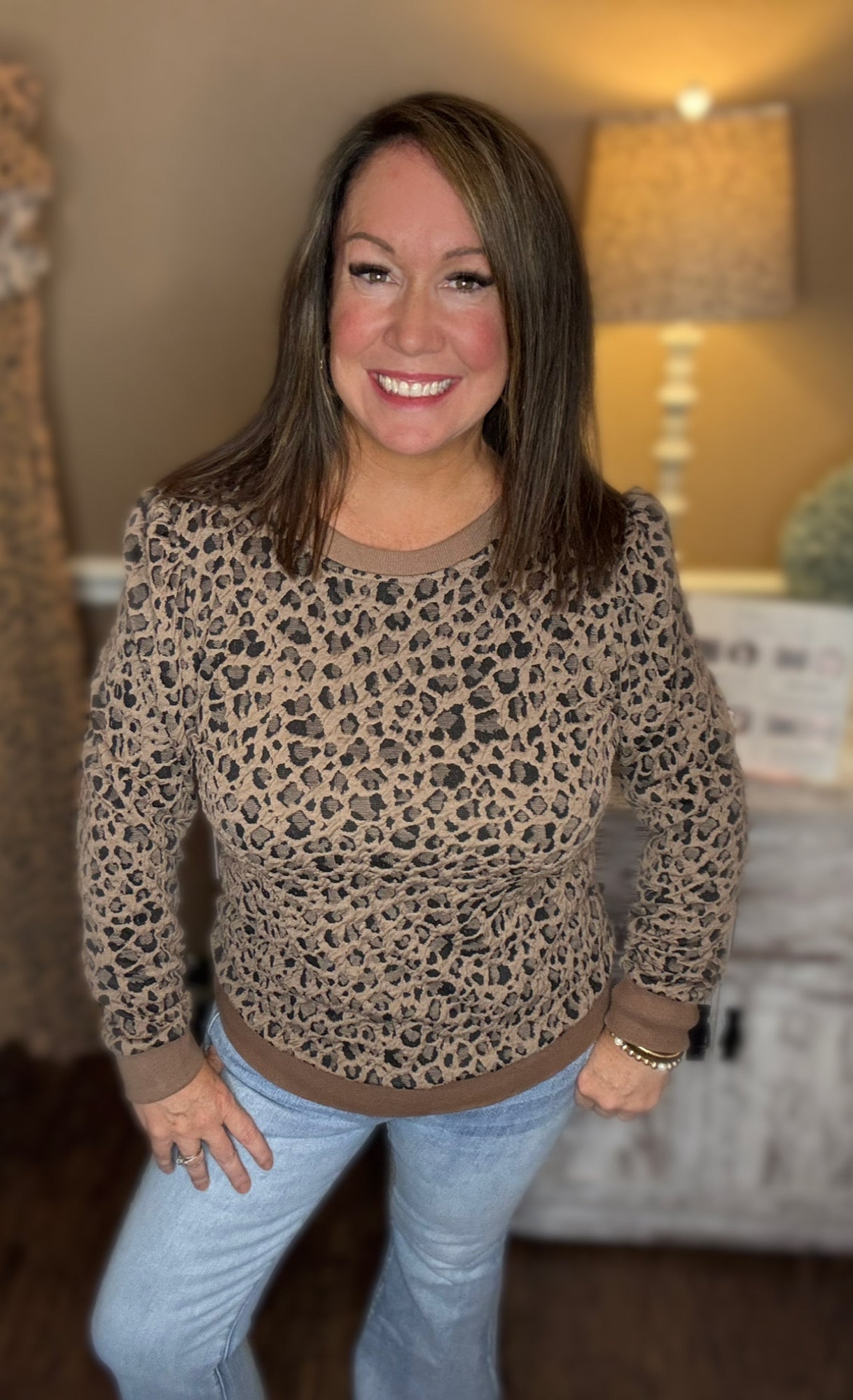 Ribbed Trim Leopard Tops