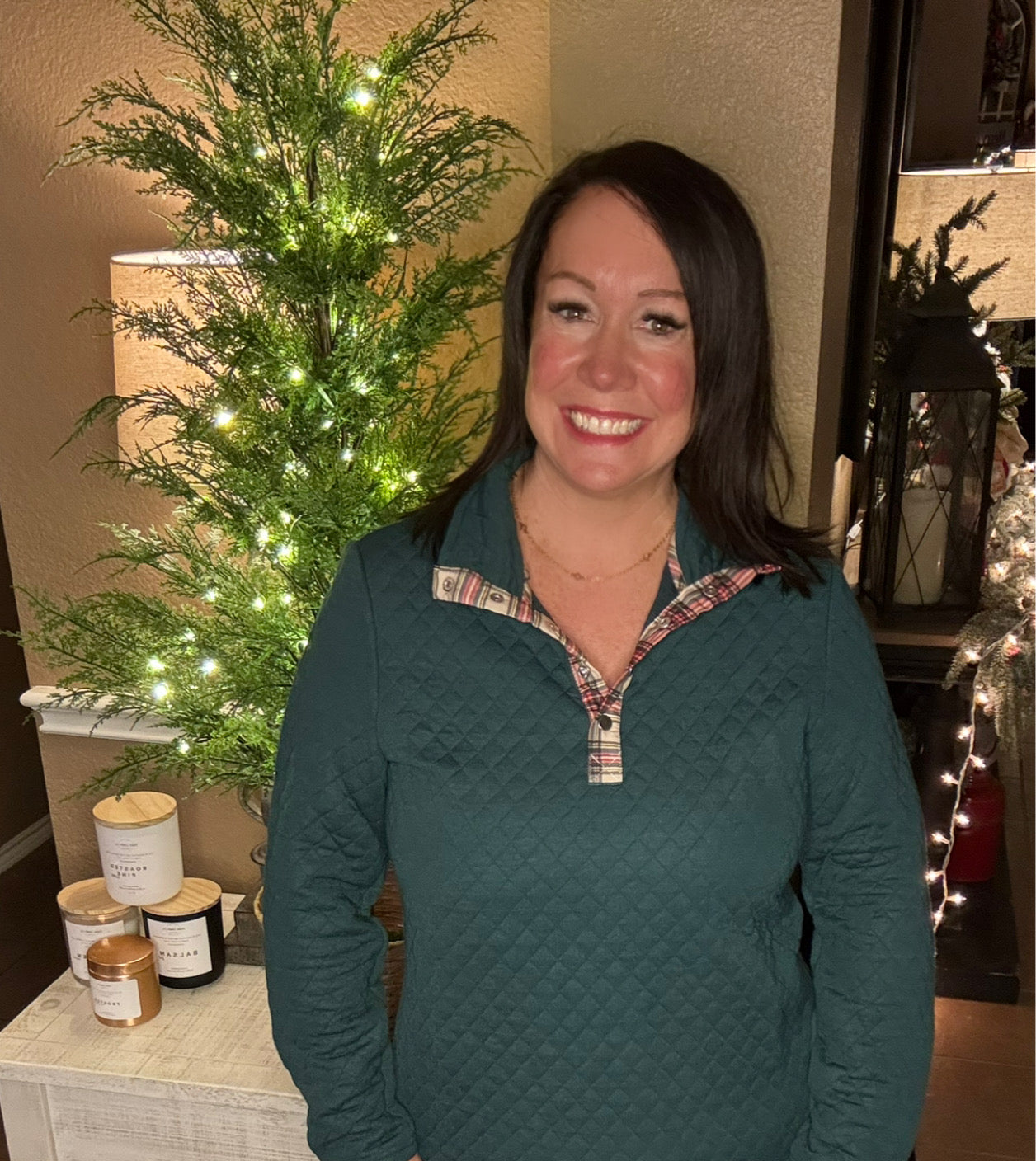 Textured Pullover with Plaid Trim