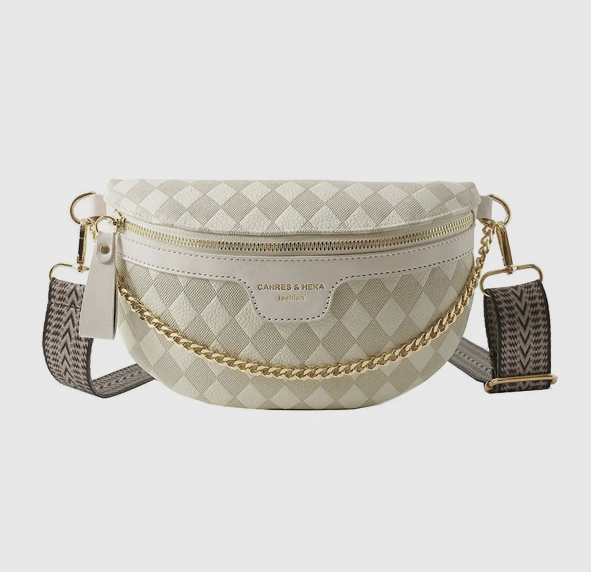 Checkered Crossbody Purse with Chain - Ivory