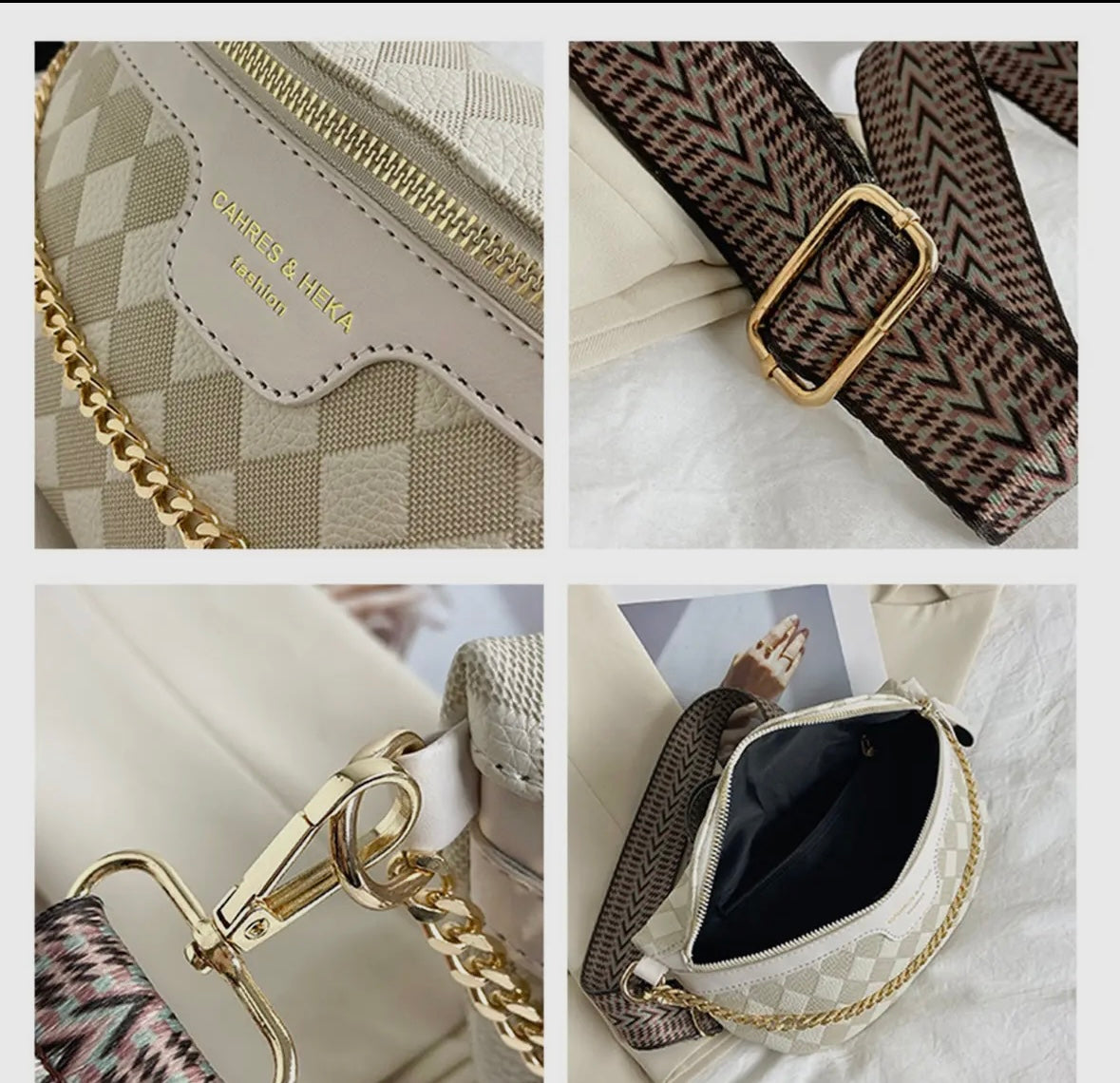 Checkered Crossbody Purse with Chain - Ivory