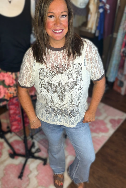 Sheer Lace Graphic Top - Roam Free Vintage