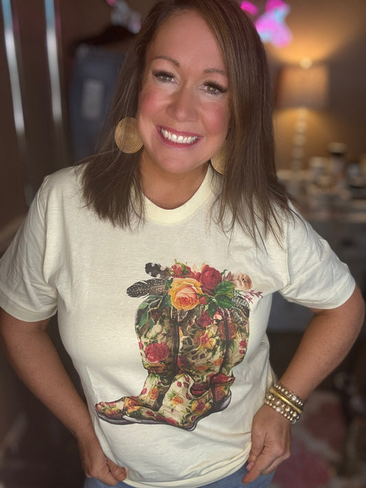 Floral Boots Tee with Bling