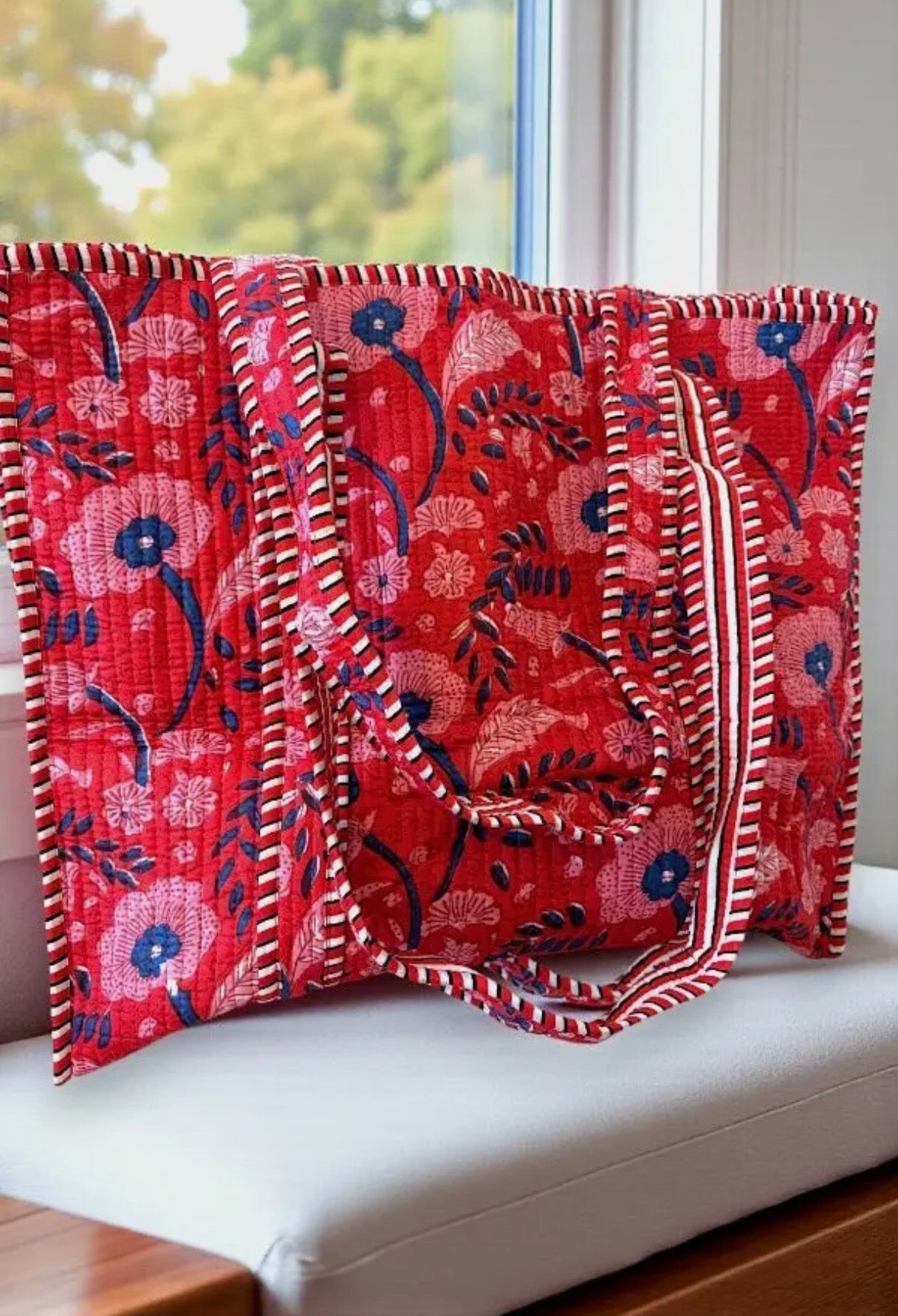 Scarlet Blooms Quilted Tote Bag
