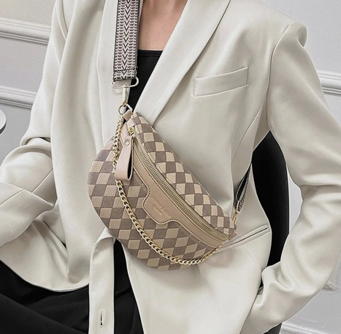 Checkered Crossbody Purse with Chain