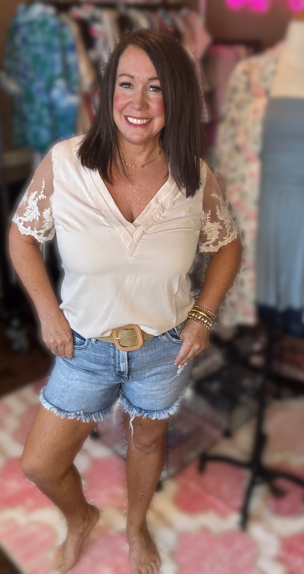 V-Neck Lace Sleeve Tops