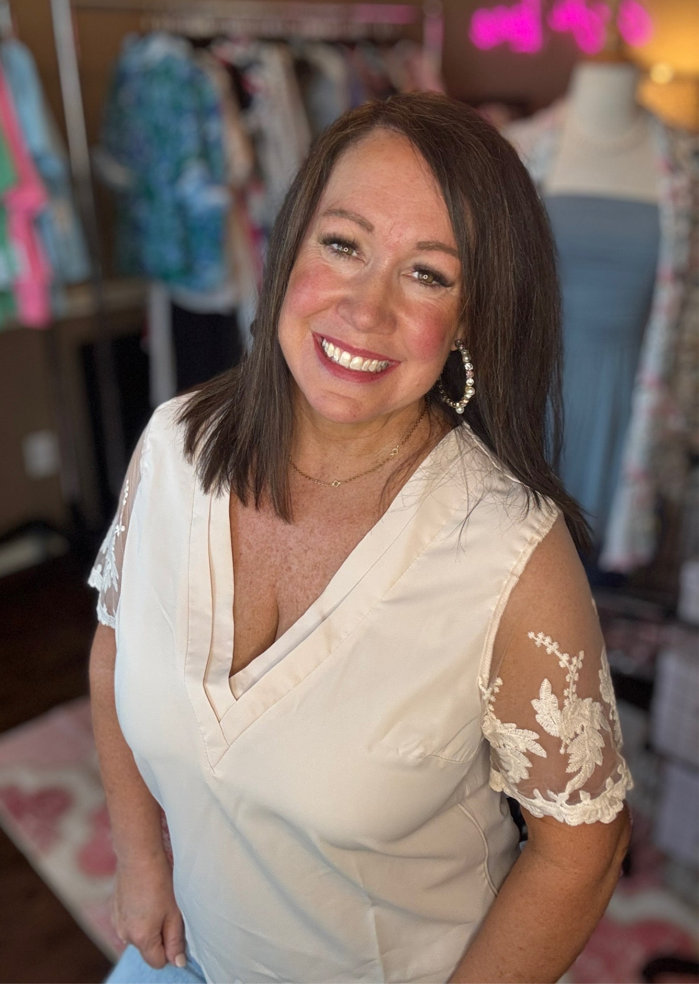 V-Neck Lace Sleeve Tops