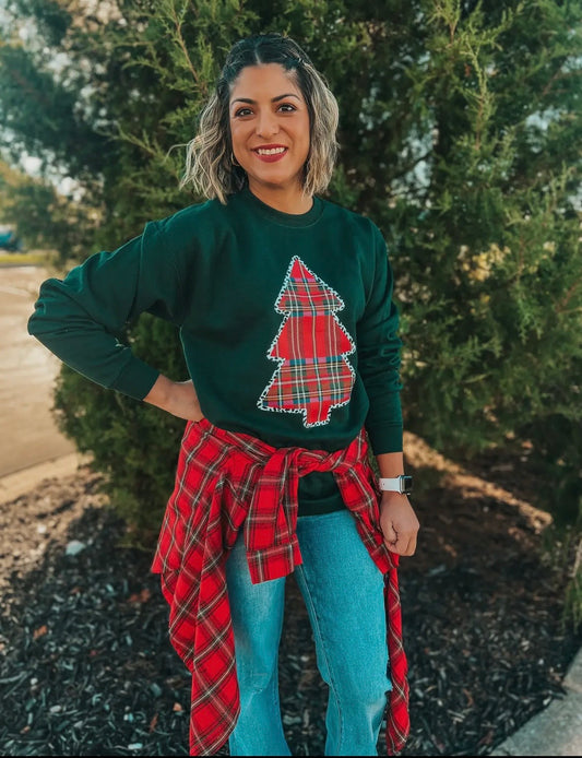 Plaid Tree with Cheetah Trim Sweatshirt