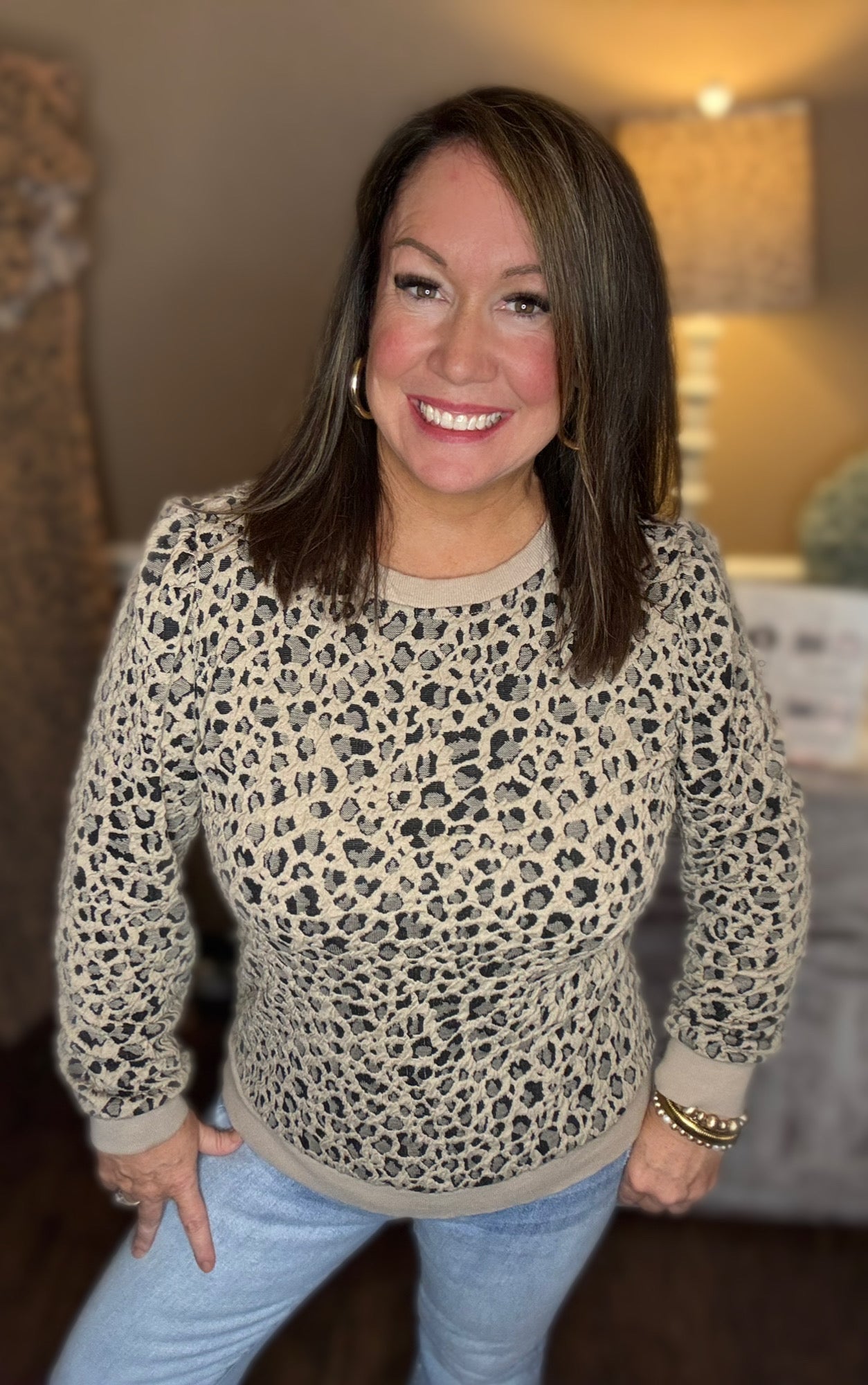 Ribbed Trim Leopard Tops