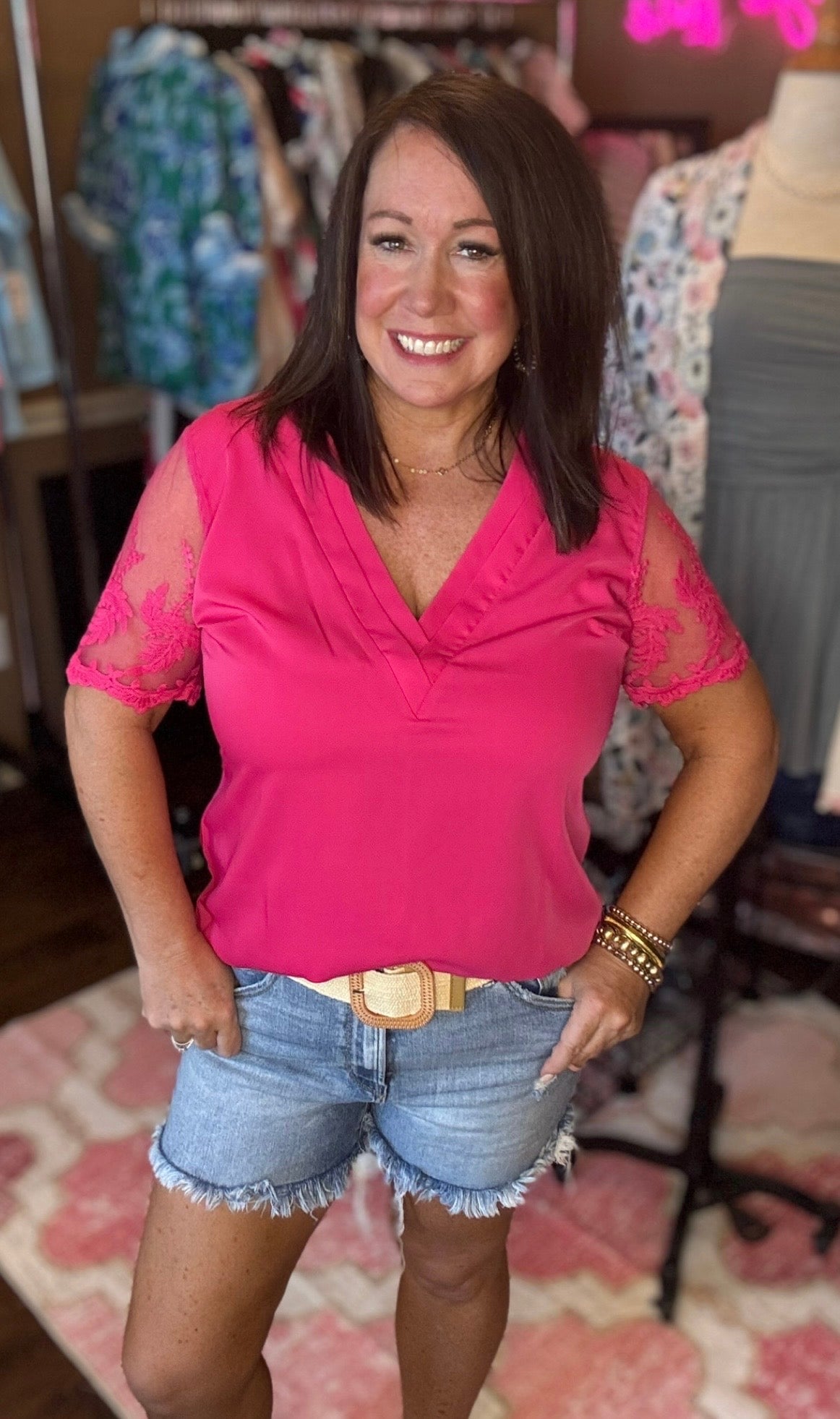 V-Neck Lace Sleeve Tops