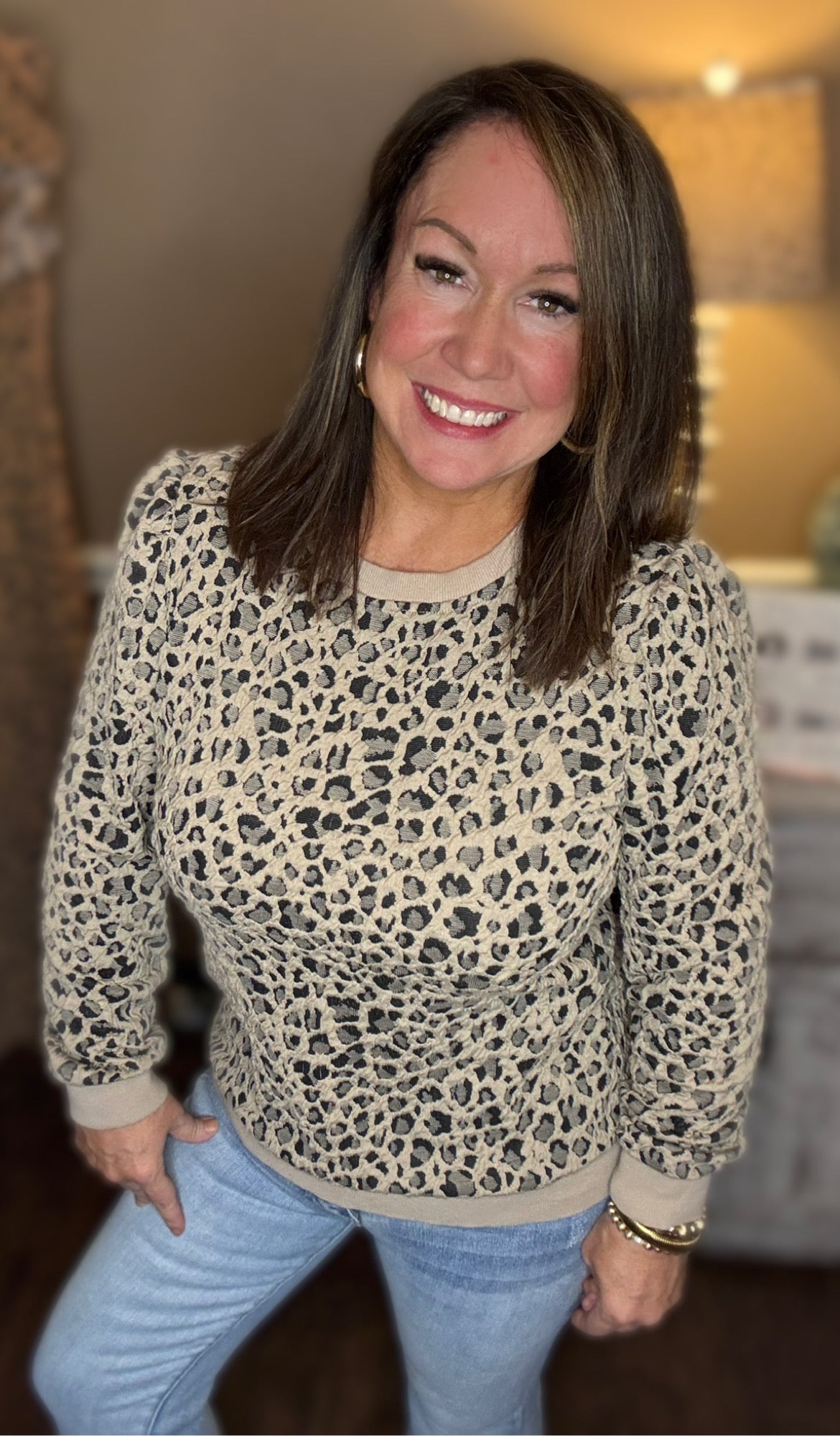 Ribbed Trim Leopard Tops