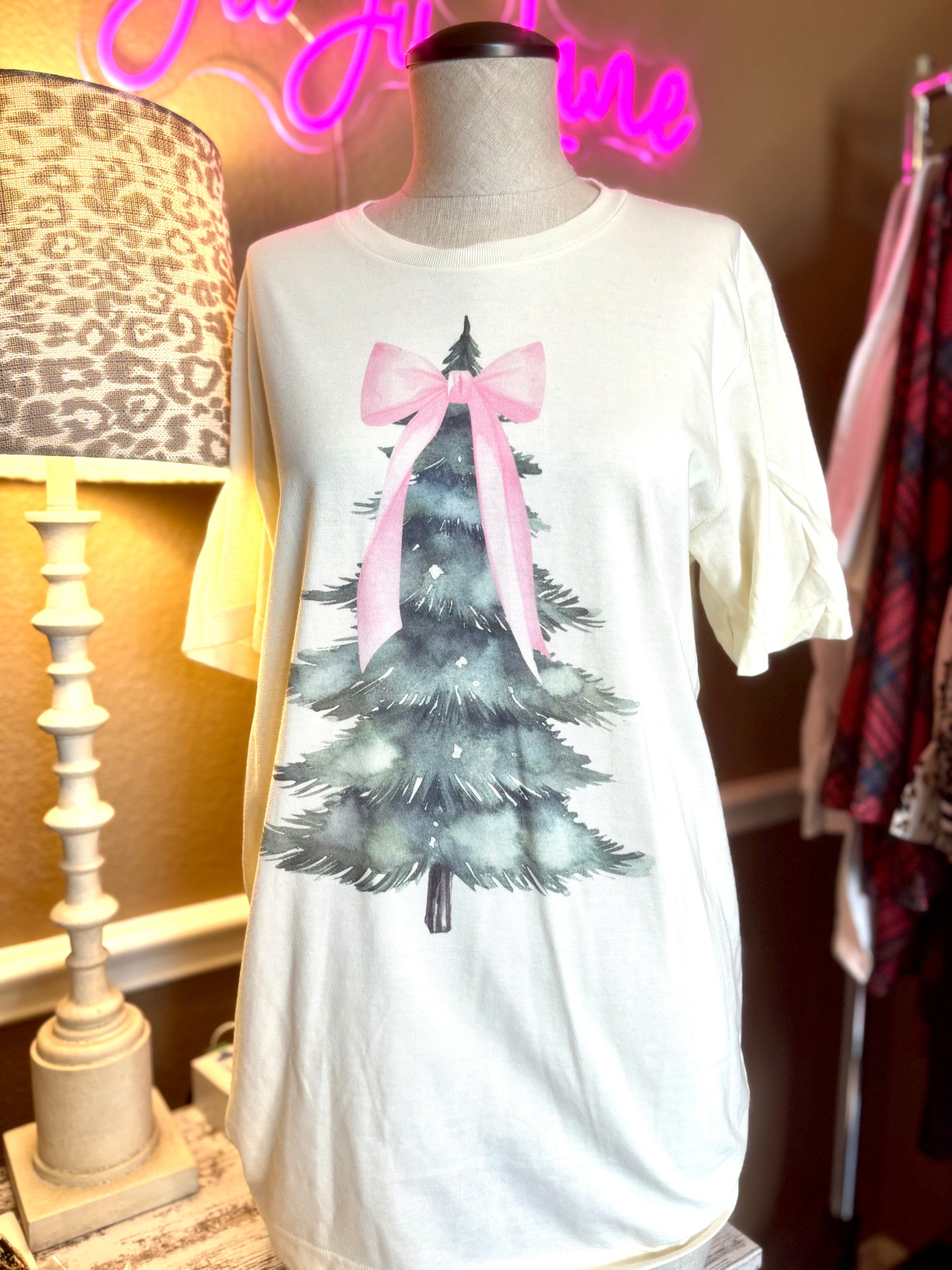 Christmas Tree Pink Bow Tee