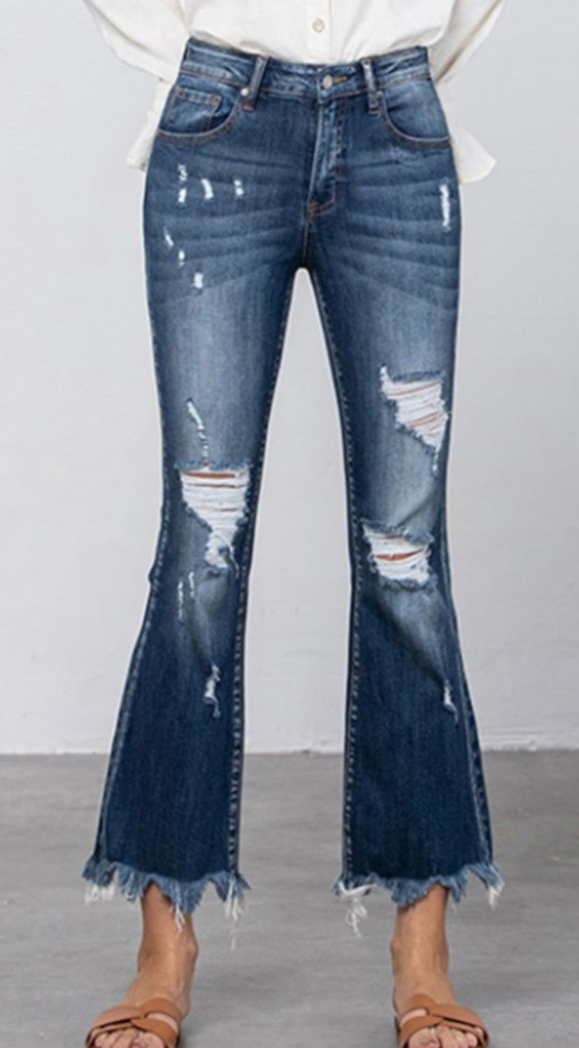 Distressed Mid-Rise Crop Flare Jeans