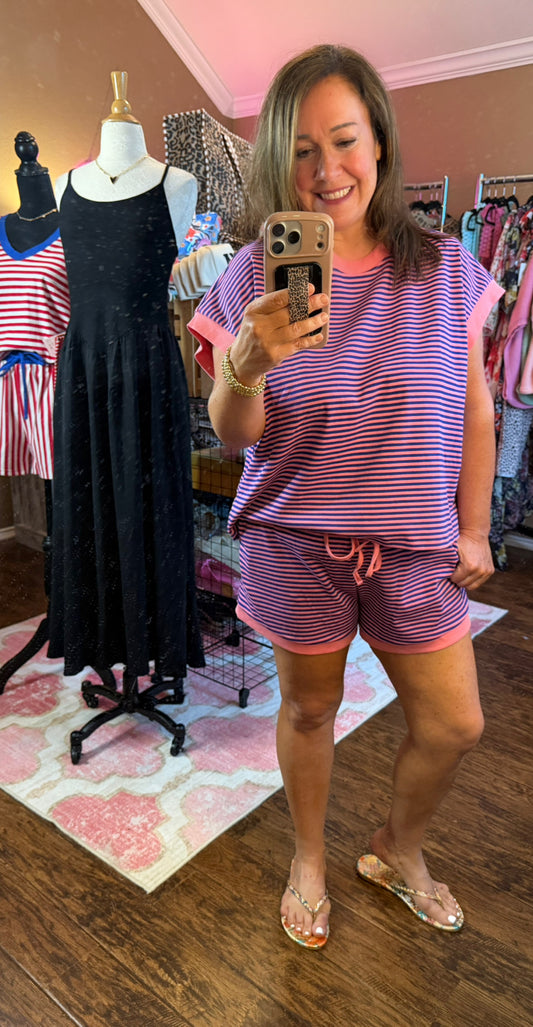 Striped Knit Top and Shorts Lounge Set