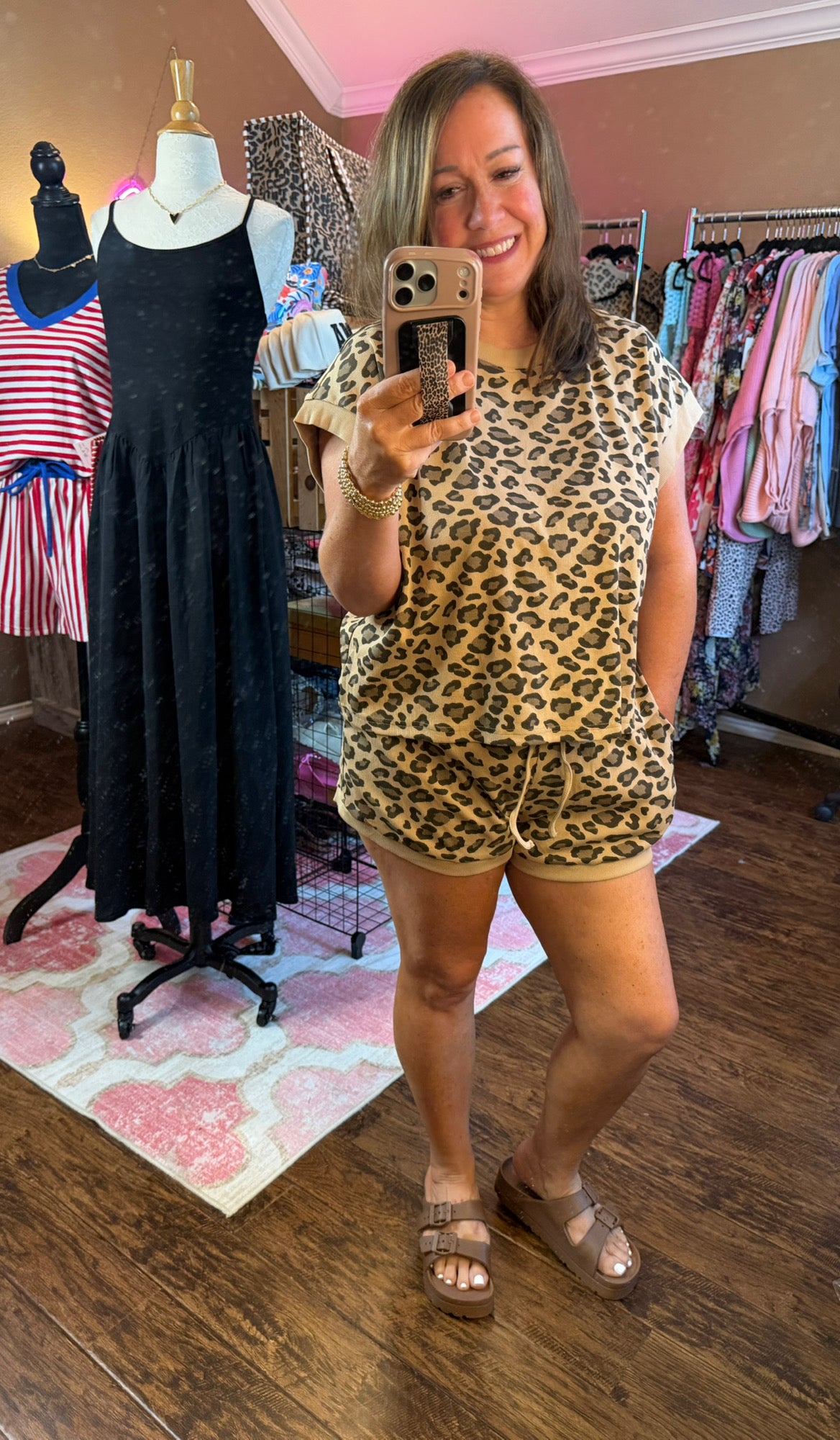Leopard Print Ribbed Lounge Top & Shorts Set