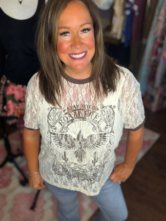 Sheer Lace Graphic Top - Roam Free Vintage