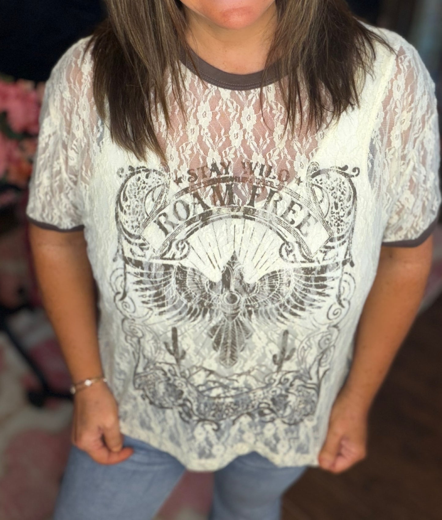 Sheer Lace Graphic Top - Roam Free Vintage