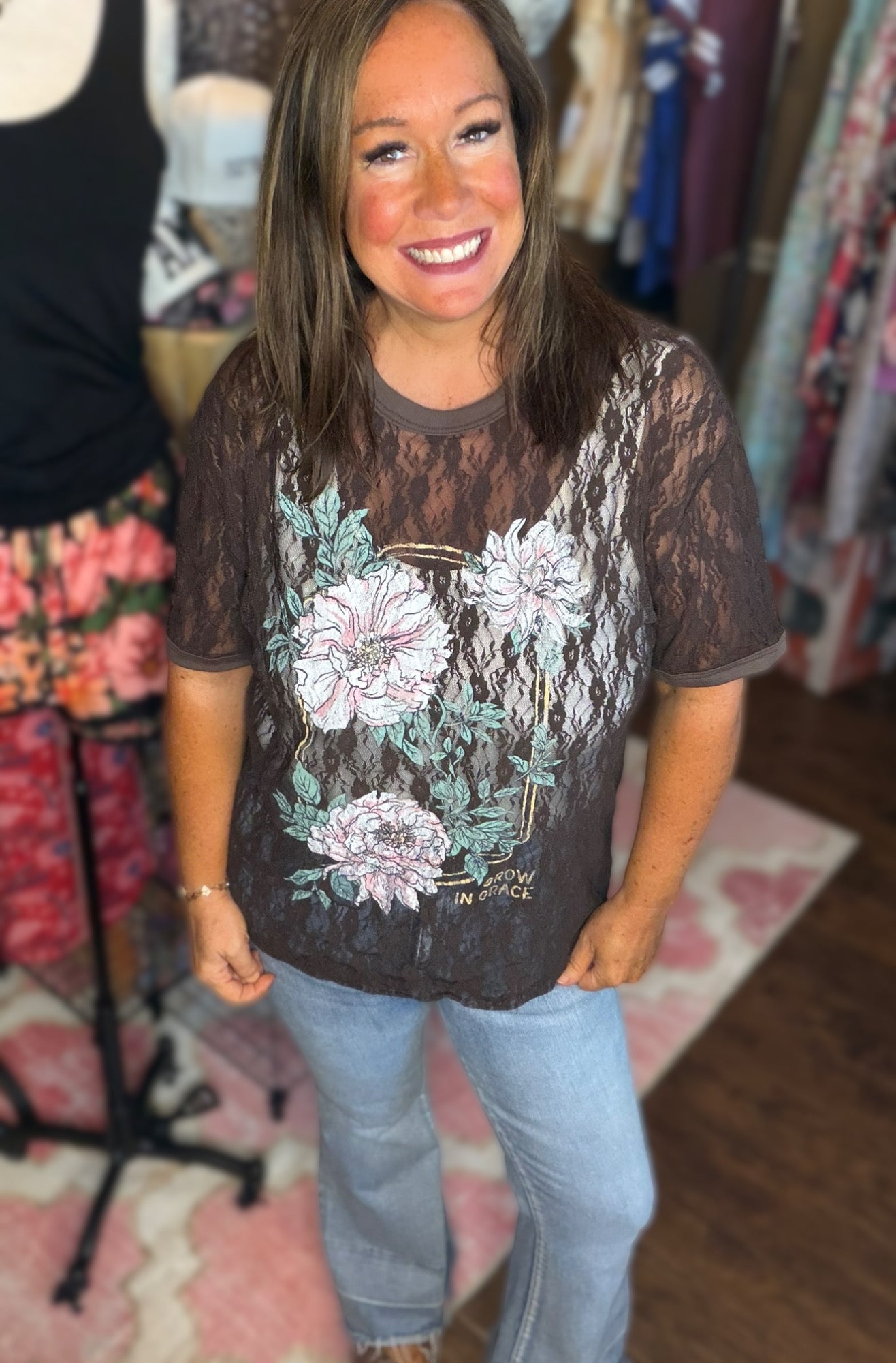 Sheer Lace Graphic Top - Grow in Grace