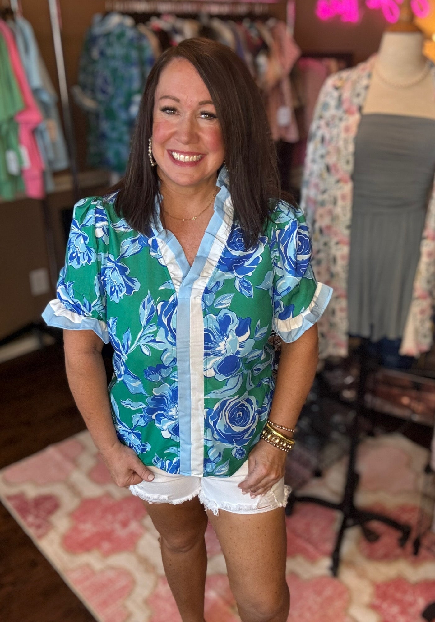 Floral Ruffle Top - Blue