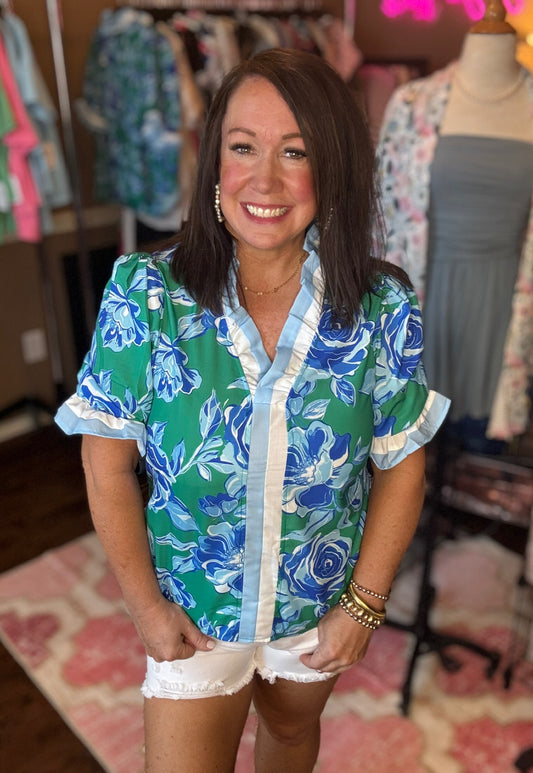 Floral Ruffle Top - Blue