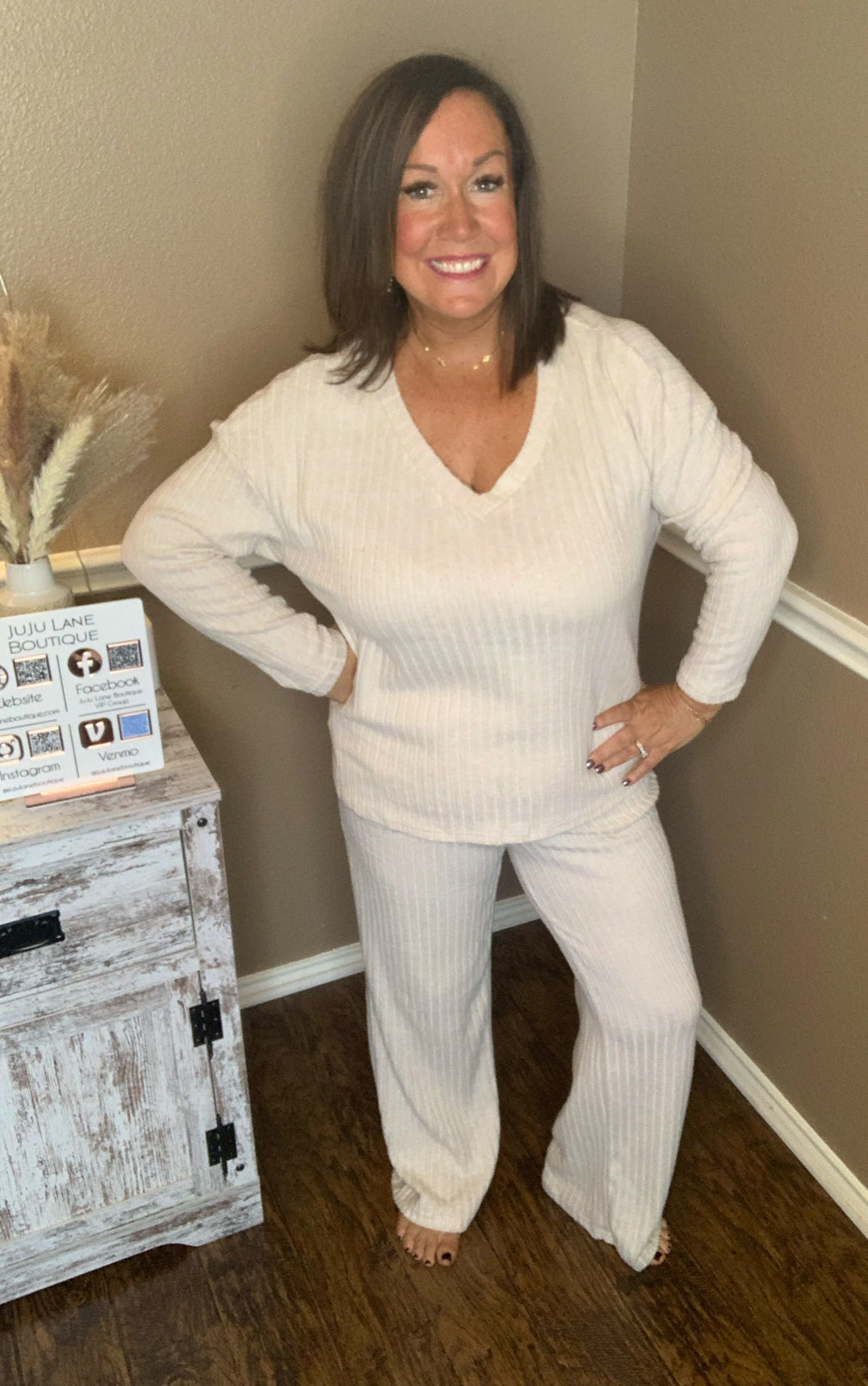 Ribbed Knit Lounge Set - Beige