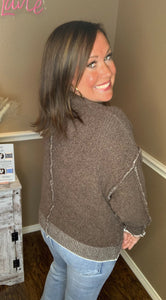 Oversized Mock Neck Chenille Sweater - Brown