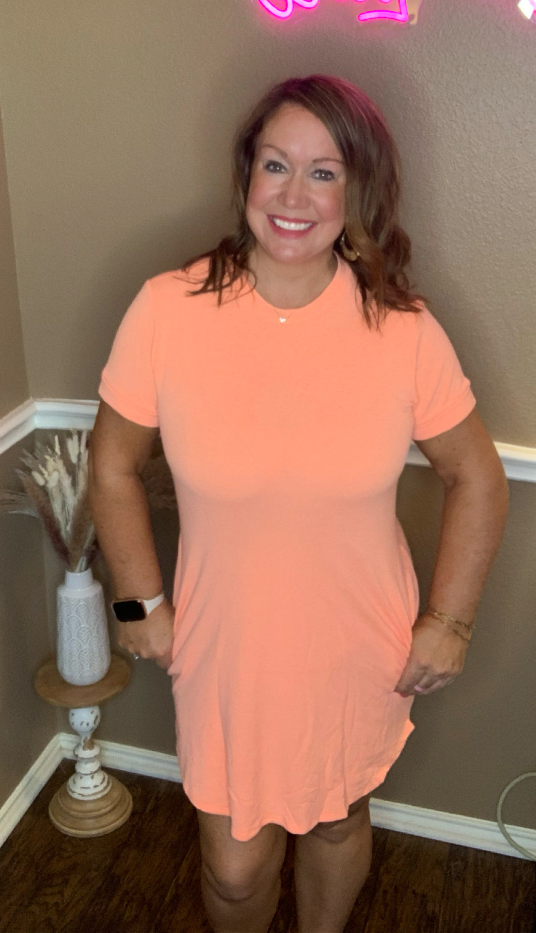 Basic Tee Shift Dress - Neon Orange