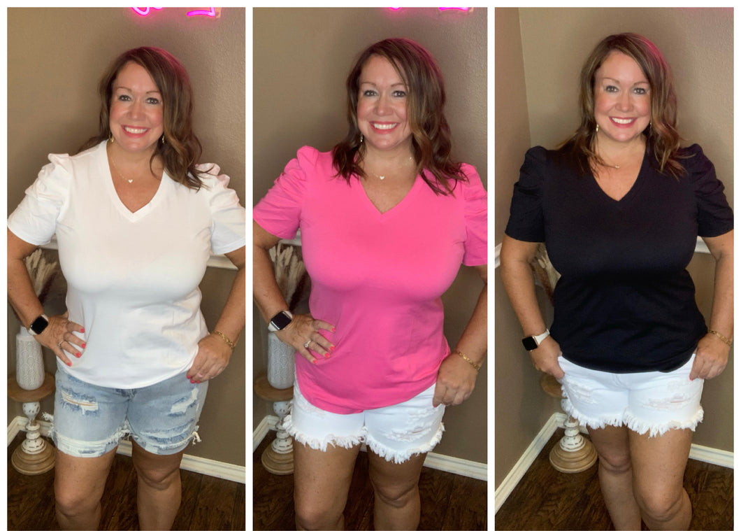 Puff Sleeve V-neck Tee - 3 colors