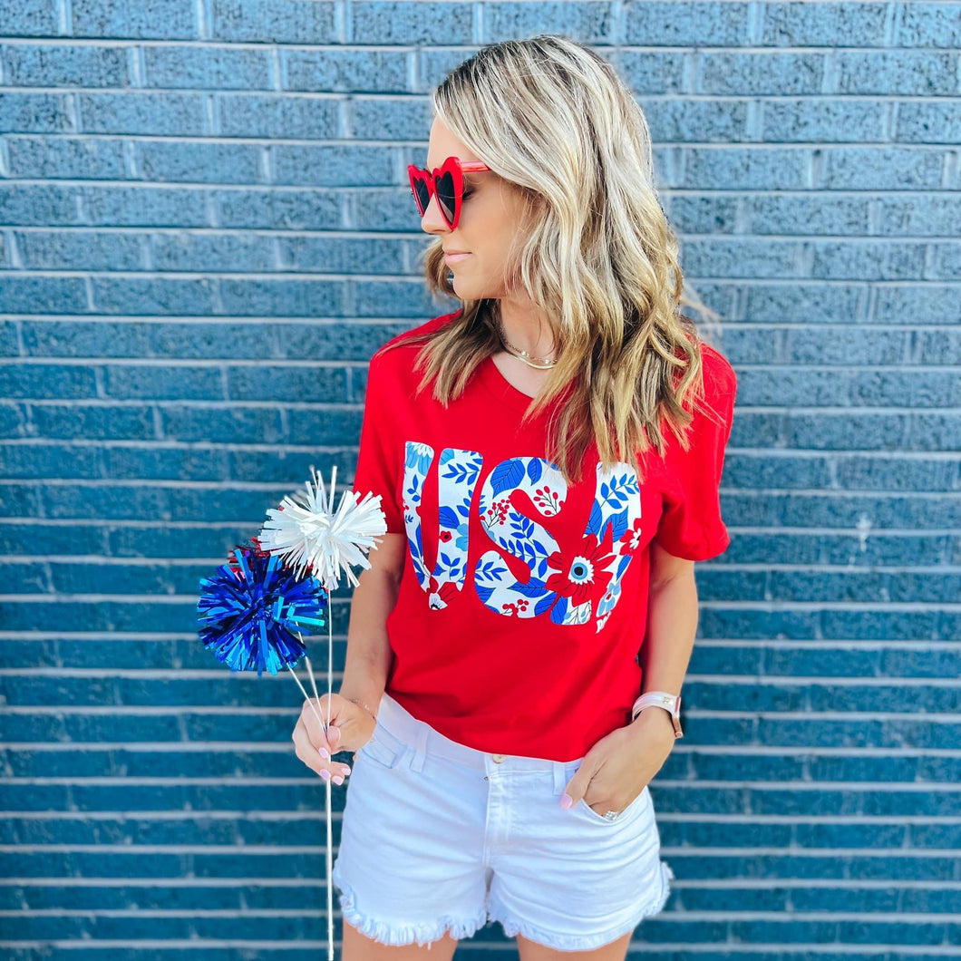 Red Floral USA tee