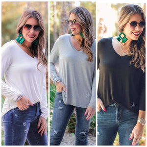 Basic Long Sleeve V-Neck Tee - 3 color options