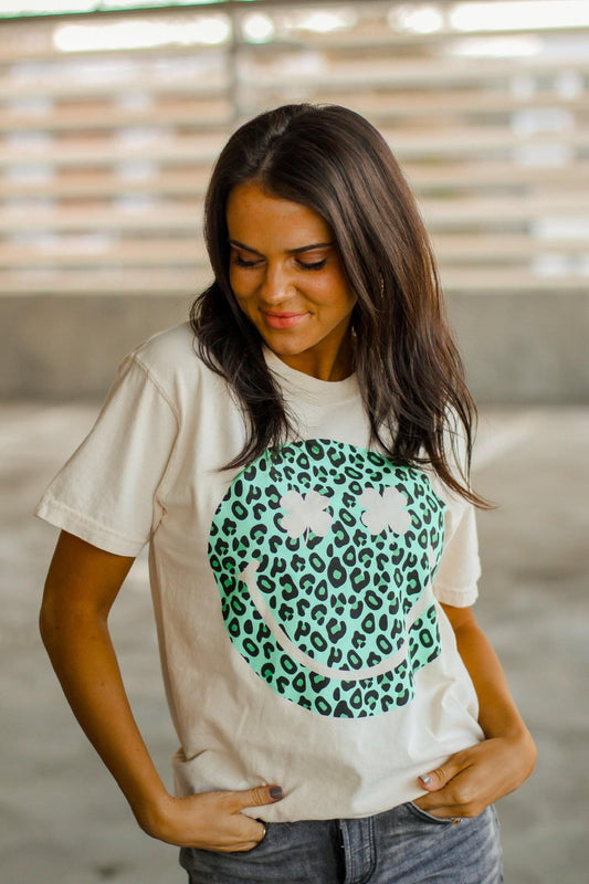 Leopard Shamrock Smiley Tee