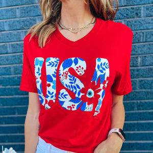 Red Floral USA tee